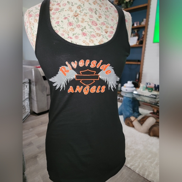 Harley Davidson District Black Tank Top with Orange and Gray Print - Picture 1 of 5